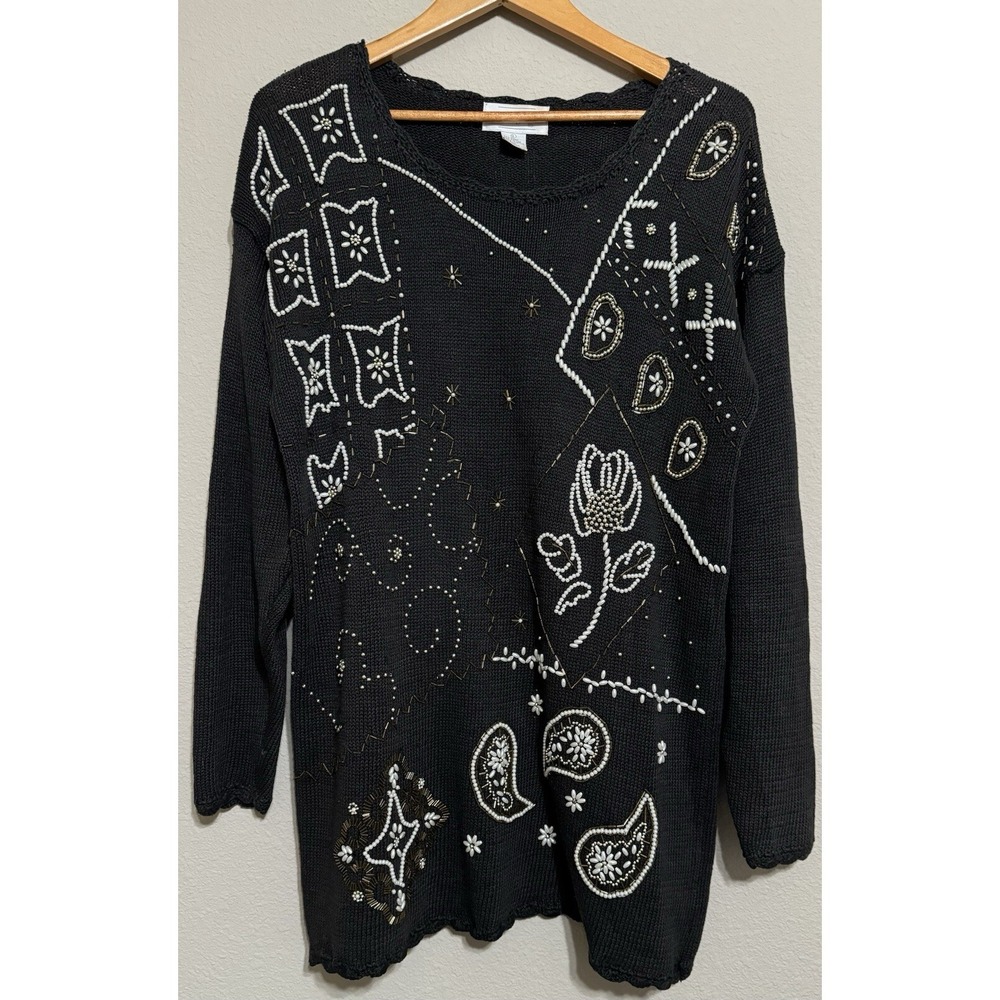Margules Women's L Sweater‎ Black Beaded Embellished Holiday Party Granny VTG